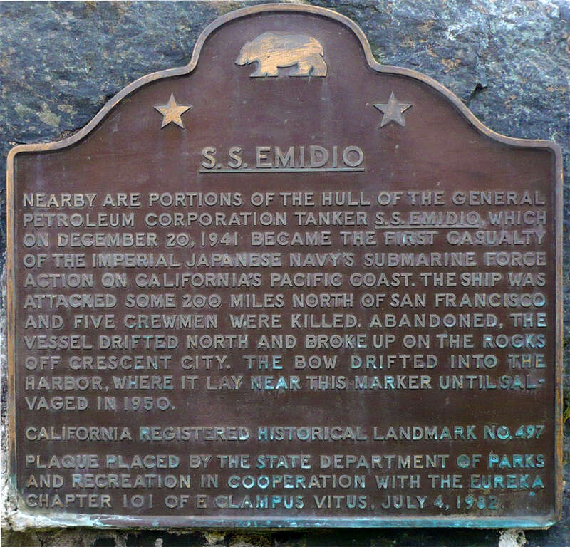S.S. Emido Memorial and Marker.  California Registered Historical Landmark No. 497 plaque reads: "S.S. Emidio. Nearby are portions of the hull of the General Petroleum Corporation tanker S.S. Emidio, which on December 20, 1941 became the first