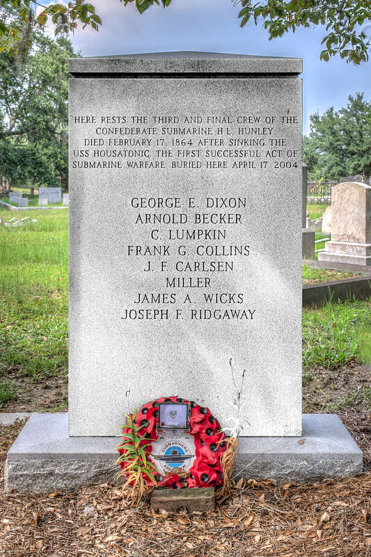 Here rests the third and final crew of the Confederate submarine H. L. Hunley



Died February 17, 1864 after sinking the USS Housatonic, the first successful act of submarine warfare.



Buried here April 17, 2004




George Dixon
Arnold Becker
C.