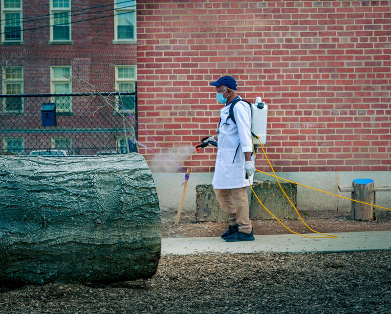 Grounds are disinfected at Mundo Verde Charter School, Truxton Circle, Washington, DC