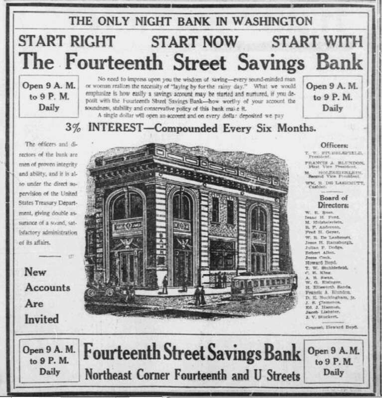 Former Fourteenth Street Savings Bank building on the NE corner of 14th and U Streets (2001 14th St.), currently being renovated.  From the 3/10/10 "Washington Times".