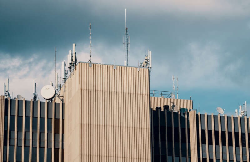Antennas on the roof of a building at 800 SW Jackson Street (8th &amp; Jackson) in Topeka, Kansas. The building is home to some State of Kansas agencies, including the State Fire Marshal.