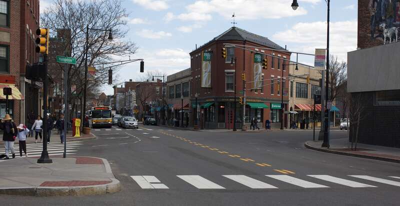 Inman Square in Cambridge, Massachusetts, on Cambridge Street at the Intersection with Hampshire.