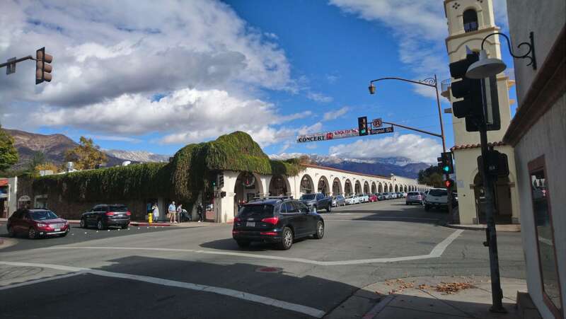 Downtown Ojai looking at the "arcade" and showing snow on the Topatopa mountains.