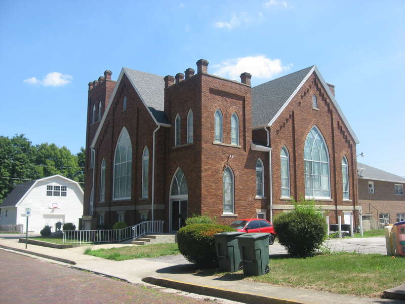 Front and southern side of the Fairmount Wesleyan Church, located at 304 N. Walnut Street in Fairmount, Indiana, United States.  Built in 1916, it is part of the Baldwin Addition Historic District, a historic district that is listed on the National