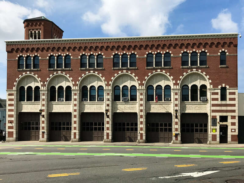 View of Inman Square Fire House, a fire station in Cambridge, Massachusetts.