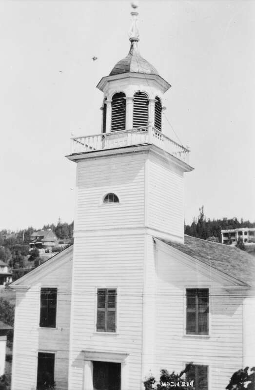 Front of the Mission Church, located along Huron Street in Mackinac Island, Michigan, United States.  Built in 1829, it is listed on the National Register of Historic Places.