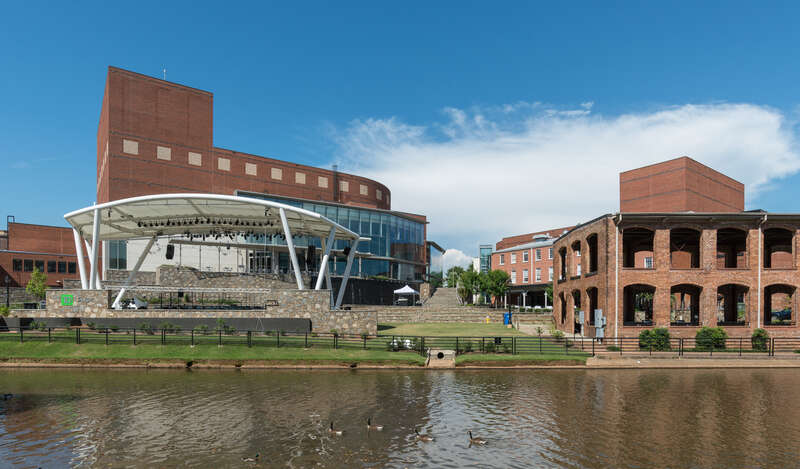 A southwest view of some of the buildings forming the Peace Center, including the TD stage and the Wyche Pavillion, in Greenville, South Carolina