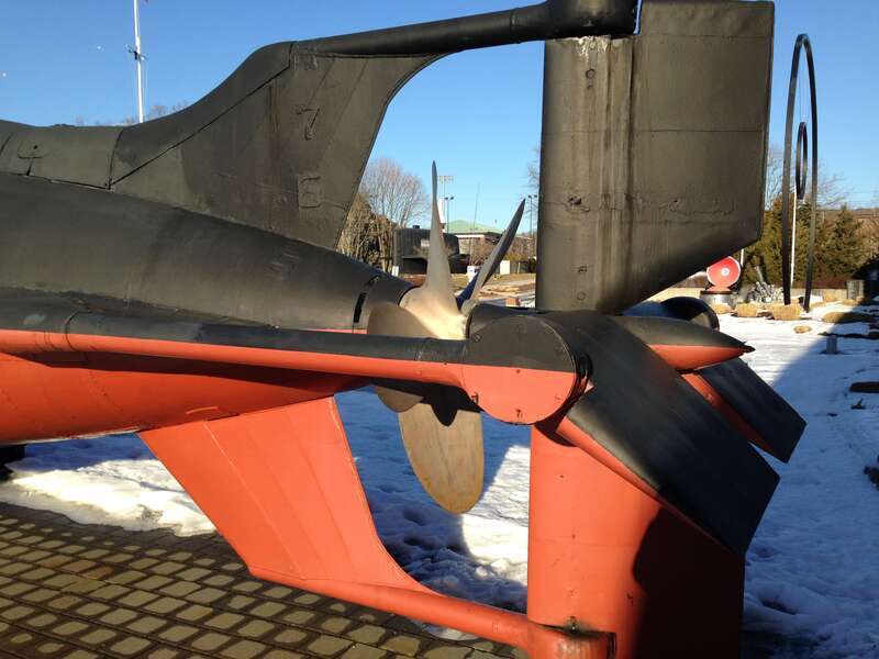 The stern section of the SS X-1 Midget Submarine Historic Ship Nautilus &amp; Submarine Force Museum
