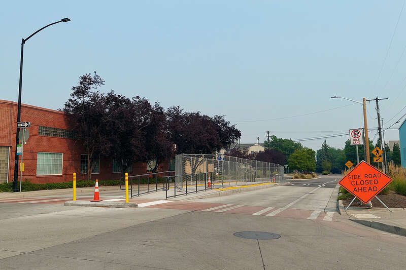 Construction progress as of July 2021 of the Main &amp; Pine station of Spokane Transit Authority's City Line bus rapid transit line in Spokane, Washington.  The station will be a center median type station.