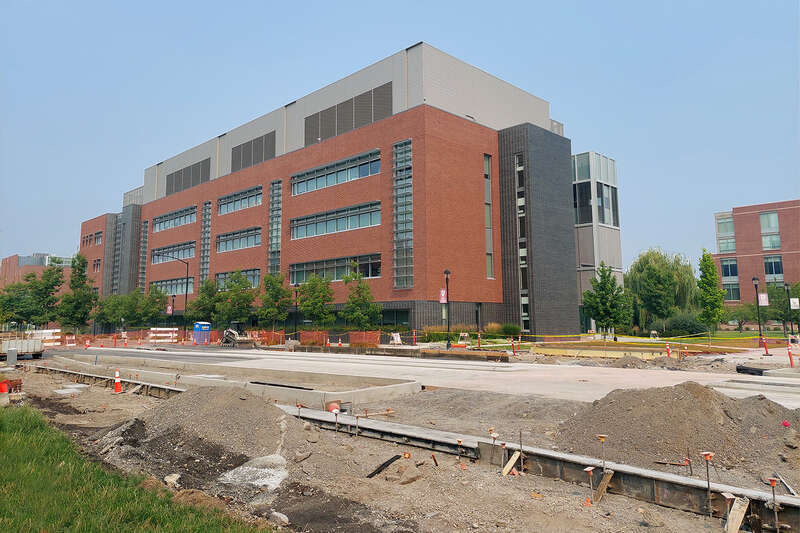 Construction progress as of July 2021 of the Spokane Falls Boulevard at WSU Spokane station of Spokane Transit Authority's City Line bus rapid transit line in Spokane, Washington. The station will be an island type station with a dedicated bike lane