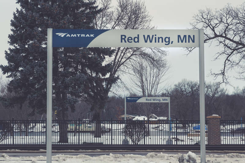 The RDW Amtrak station along the Mississippi River at 420 Levee Street, Red Wing, Minnesota.