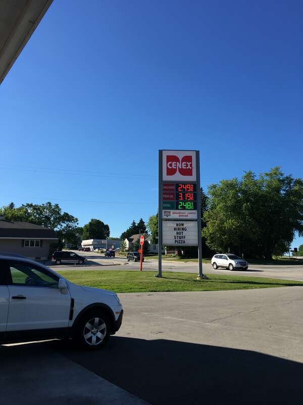 The sign for the Cenex gas station and convenience store in downtown Mishicot, WI.