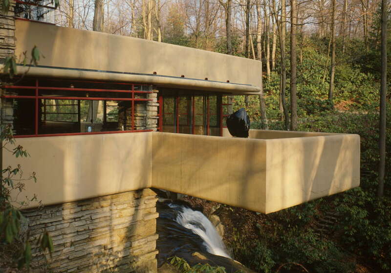 Frank Lloyd Wright, Fallingwater, State Route 381 (Stewart Township), Ohiopyle vicinity, Fayette County, PA - Detail of west living room terrace over crest of waterfall.