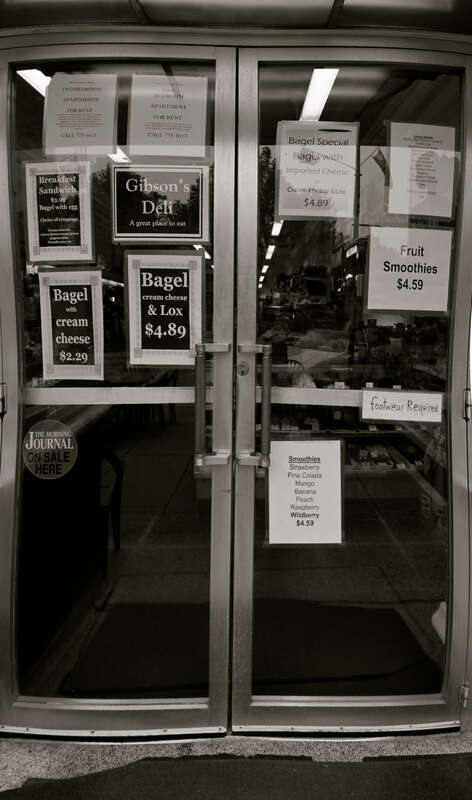 Attention Oberlin College students - footwear required!  Fisheye perspective, B&amp;W image.