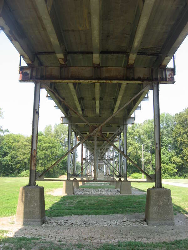 Underside of the eastern end of the Harmony Way Bridge, which carries Indiana State Road 66 and Illinois Route 14 over the Wabash River between New Harmony, Indiana and rural White County, Illinois in the United States.  Built in 1930, it is listed