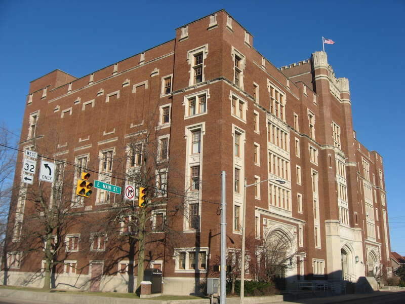 Front and western side of the Muncie Masonic Temple, located at 520 E. Main Street in Muncie, Indiana, United States.  Built in 1920, it is listed on the National Register of Historic Places.