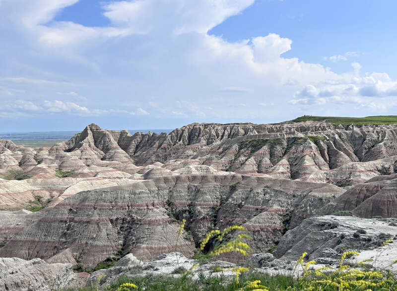 The White River Badlands of South Dakota consist of a scenic landscape of differentially weathered and eroded, nonmarine sedimentary rocks of Tertiary age.  The most visually-striking areas have been set aside as an American national park
