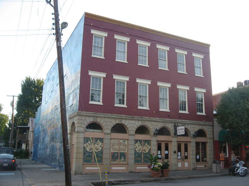 Front and southern side of the Old Hoosier Theatre, located at 209 Ferry Street in Vevay, Indiana, United States.  Built in 1837 and later modified, it is listed on the National Register of Historic Places, and it is part of the locally-designated