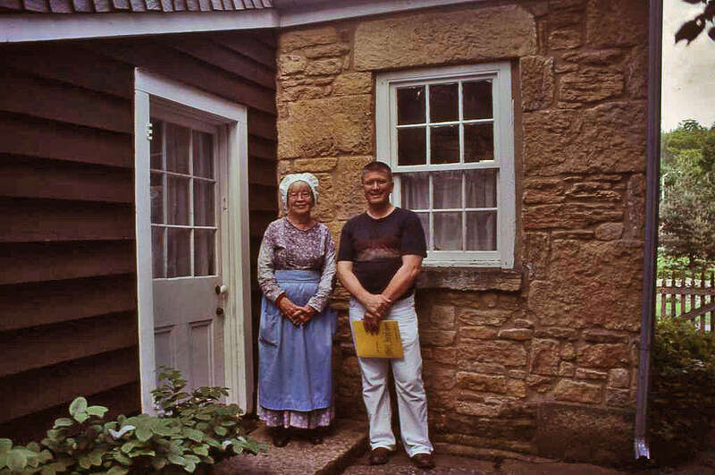 University of Wisconsin-Platteville professor of German Patrick Hagen with a Wisconsin Historical Society tour guide at Pendarvis in Mineral Point, Wisconsin.  The building was listed on the National Register of Historic Places in 1971.