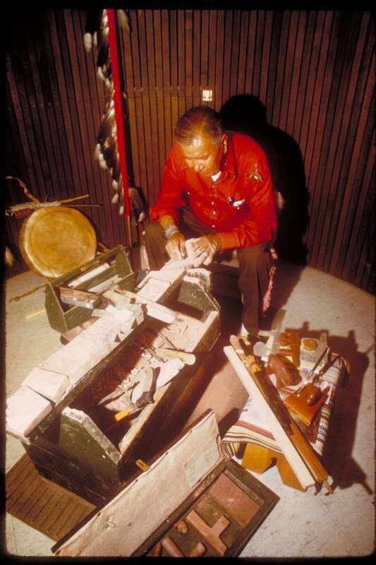 Carver at work on pipe
Stone pipes were long known among the prehistoric peoples of North America; specimens from 2,000 years ago have been found at Mound City in present-day Ohio. Digging at this Minnesota quarry likely began in the 17th century, a