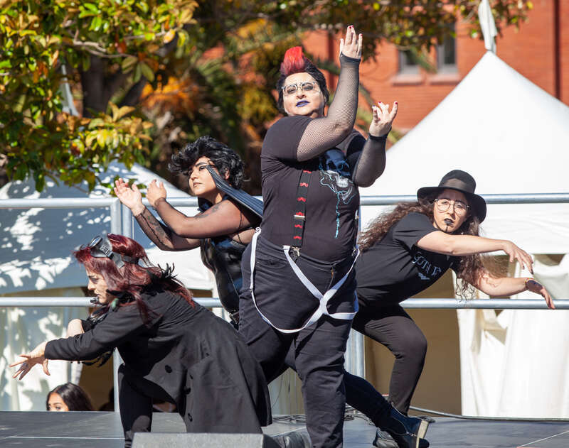 The goth dance group Nine Inch Males performs at the 2019 San Francisco Trans March.