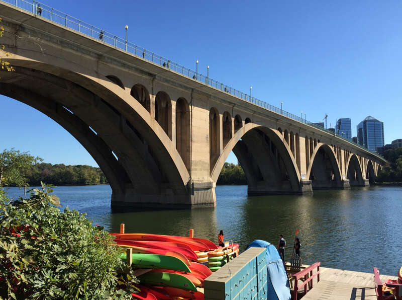 View south across the Potomac River towards the Francis Scott Key Bridge (U.S. Route 29) from 36th Street NW in Washington, D.C.