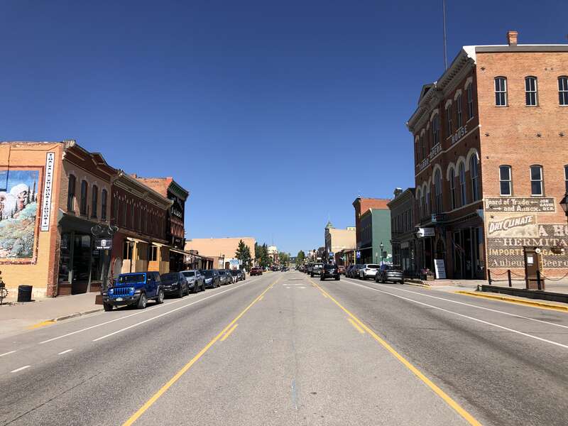 View west along U.S. Route 24 (Harrison Avenue) at Third Street in Leadville, Lake County, Colorado