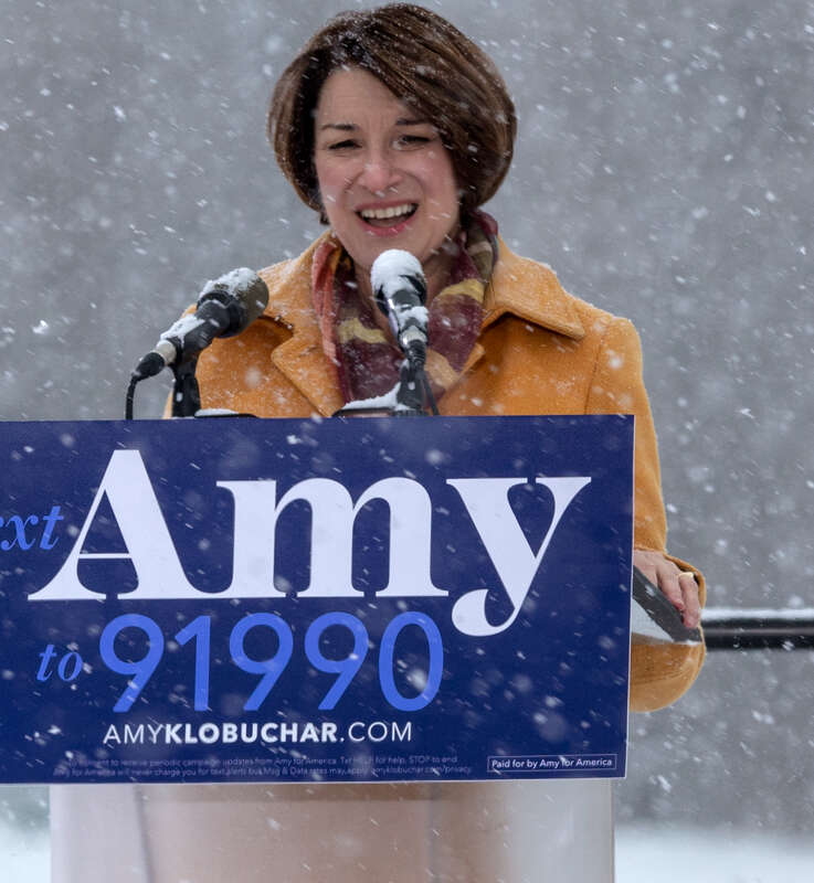Senator Amy Klobuchar made her announcement to run for president in 2020 on a snowy day Sunday at Boom Island Park in Minneapolis, Minnesota.