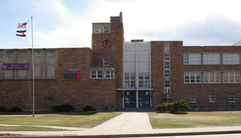 Main entrance of Boulder High School, in Boulder, Colorado.