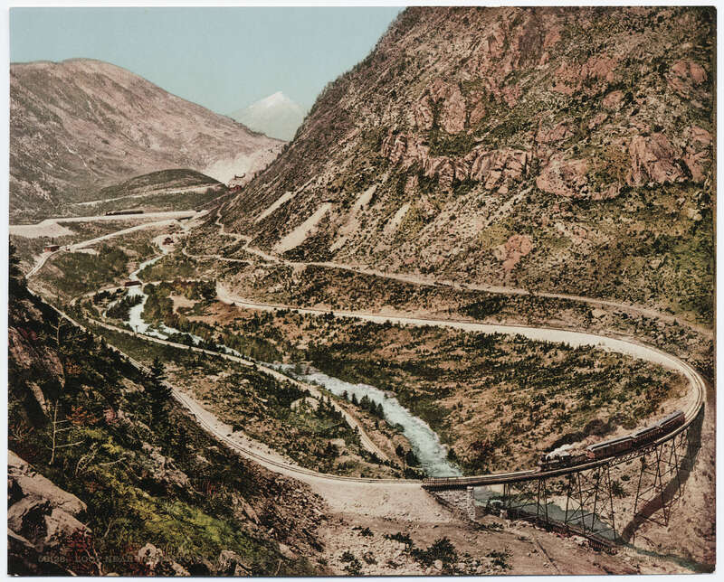 Loop near w:Georgetown, Colorado. (Georgetown Loop Railroad.)
A photochrom postcard published by the Detroit Photographic Company.