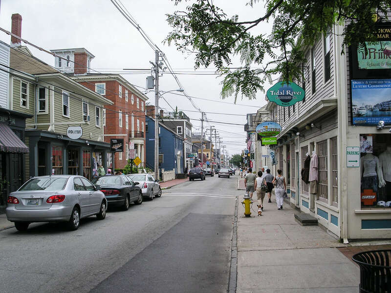 Thames Street in Newport, Rhode Island, USALooking south toward Dennison Street and Brown &amp; Howard Wharf. Whitehorne House visible on left side of the street.