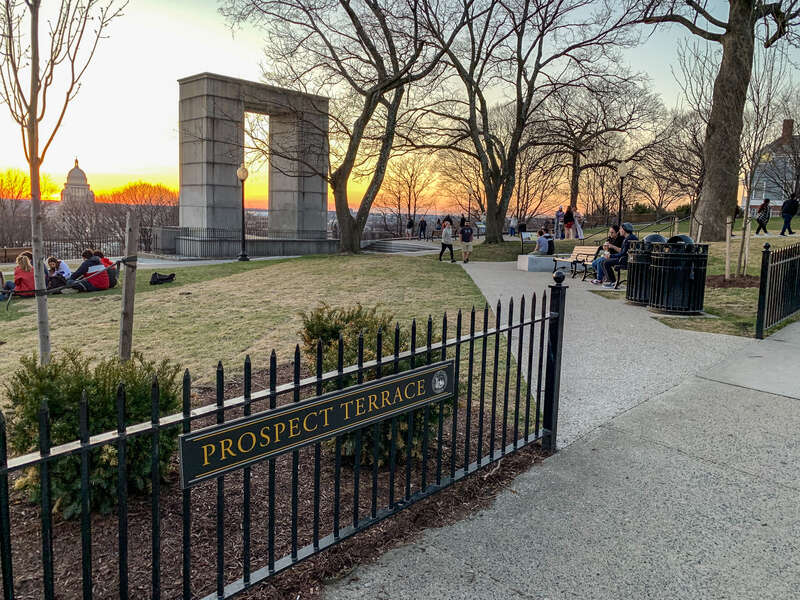 Sunset at Prospect Terrace Park, Providence RI. The park has recently been renovated with new paving, benches, and signage.