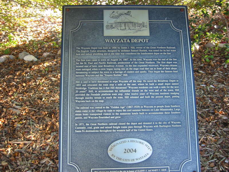 A plaque posted at the w:Great Northern Depot (Wayzata, Minnesota) describing the history of the depot.