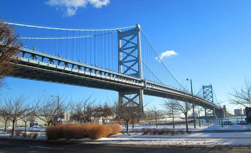 The Benjamin Franklin Bridge as seen from North Christopher Columbus Blvd. in Philadelphia, Pennsylvania