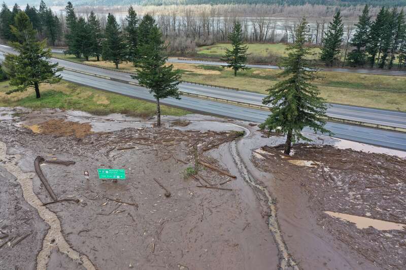 Flooding and debris on I-84 at Exit 35, near Ainsworth State Park.