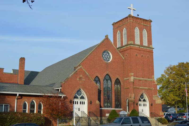 Front and western side of Good Shepherd United Methodist Church (formerly EUB), located at 310 E. Main Street (U.S. Route 22/State Route 56) in Circleville, Ohio, United States.