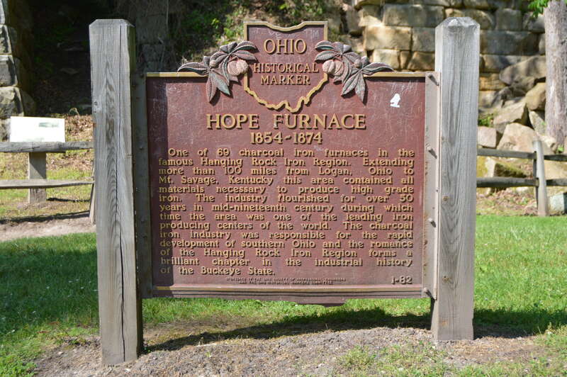 A historical marker in front of Hope Furnace at Lake Hope State Park, located southwest of Nelsonville in Brown Township, Vinton County, Ohio, United States.  The marker was placed in 1960.