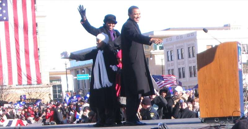 Springfield, Illinois, USA. Barack Obama, his wife Michelle, and daughters. "The Future First Family Waves. Obama's family was on hand for the announcement, and he invited them on stage to wave to the crowd before he began his speech."