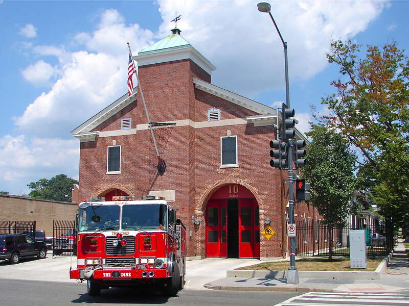 Truck House No. 13 on the NRHP since June 6, 2007. At 1342 Florida Ave. NE, Washington, D.C.  Note Engine No. 10 (the "Dime") leaving the house to go on a call.  Part of the NRHP MPS for Firehouses in Washington, DC.