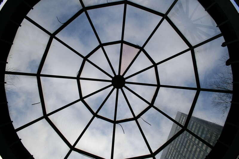 Sky view through the dome in Woodruff Park in Atlanta, Georgia.