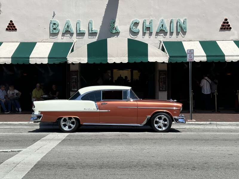 Calle Ocho, Little Havana, Miami, Florida 2024 -  old car parked outside "Ball &amp; Chain"