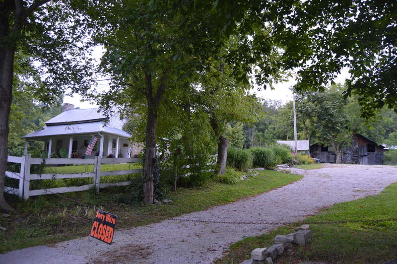 View from the south of the Bennett Hiatt Log House, located off U.S. Route 25 in Renfro Valley, Kentucky, United States.  Built in 1828, it is listed on the National Register of Historic Places.