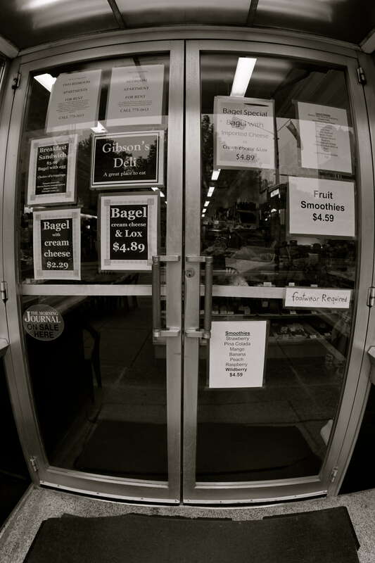 Attention Oberlin College students - footwear required!  Fisheye perspective, B&amp;W image.