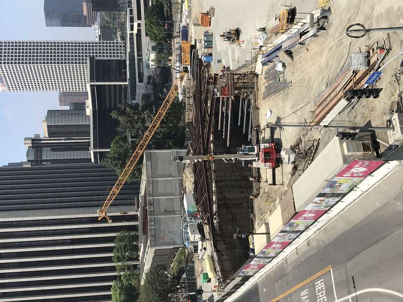 Grand Av Arts/Bunker Hill station under construction in Los Angeles, May 2018, as seen from atop the Walt Disney Concert Hall.