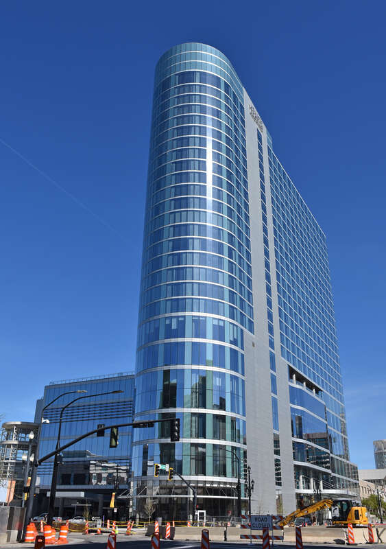 The Hyatt Regency in Salt Lake City, Utah. The hotel was opened in 2022 and is attached to the Salt Palace. Located on the corner of West Temple and 200 South.