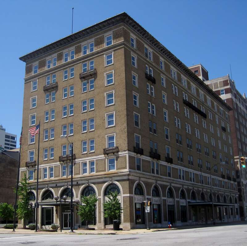 The LaSalle Hotel in South Bend, IN (1921). It replaced an 1840 hotel, the Sheridan House. The hotel had 233 rooms and several dining rooms for local club use. It was across the street from the Chicago, South Bend &amp; South Shore Railroad station.
