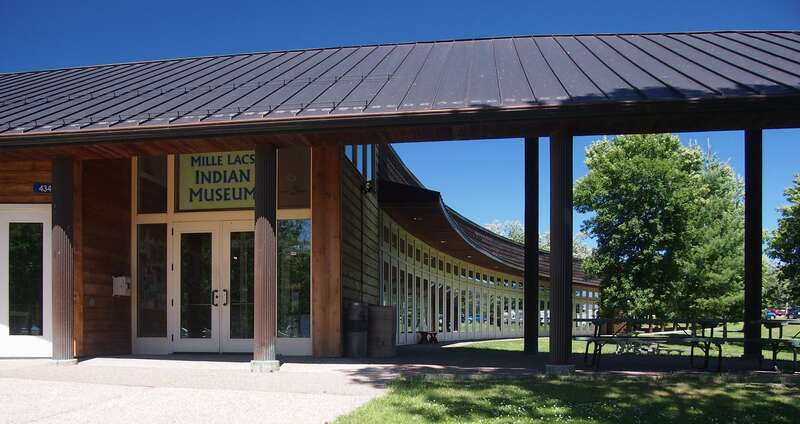 Mille Lacs Indian Museum, 43411 Oodena Dr, Onamia, Minnesota, USA.  Viewed from the southwest.