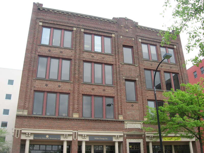 Front of the Nantucket Building, located at 17-23 S. Main Street in Akron, Ohio, United States.  Built in 1910, it is part of the Main-Market Historic District, a historic district that is listed on the National Register of Historic Places.