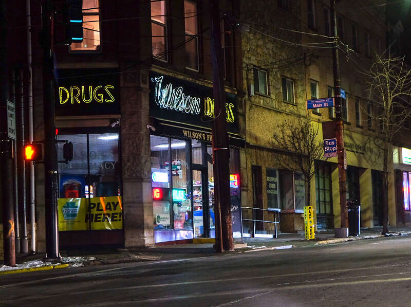 
500px provided description: Sub zero temperatures in Pittsburgh. [#city ,#cold ,#signs ,#penn ,#Neon]