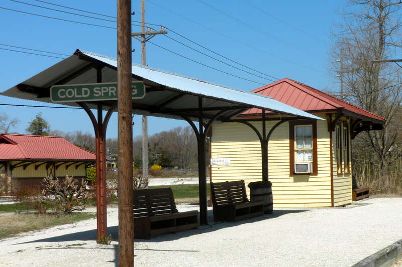 View of Rio Grande, New Jersey train station, after relocation to Historic Cold Spring Village in Lower Township, Cape May County, New Jersey. The station was built in 1894 and relocated to Cold Spring Village in 1975. Listed on NRHP February 13,